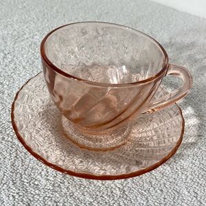 Vintage Arcoroc Rosaline Pink Swirl Teacup & Saucer Depression Glass France 2Pc